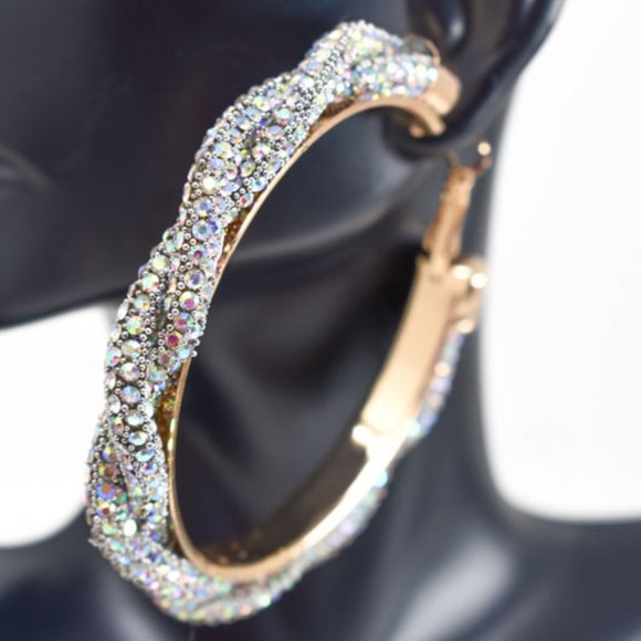 3" Boho Braid Twist AB Rhinestone Hoop Earrings - Picture 7 of 11